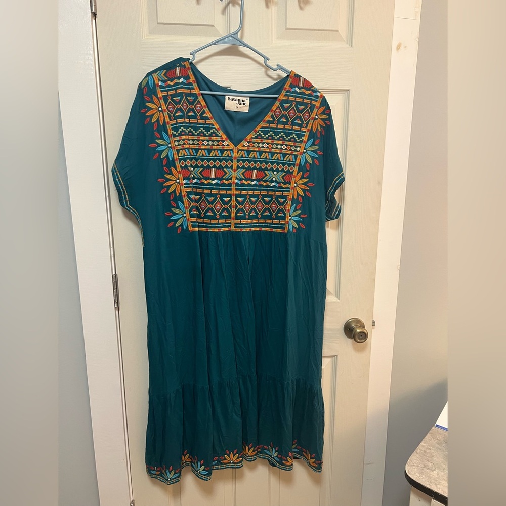 Savanna Jane Teal Boho Dress with Multicolor Embroidery
